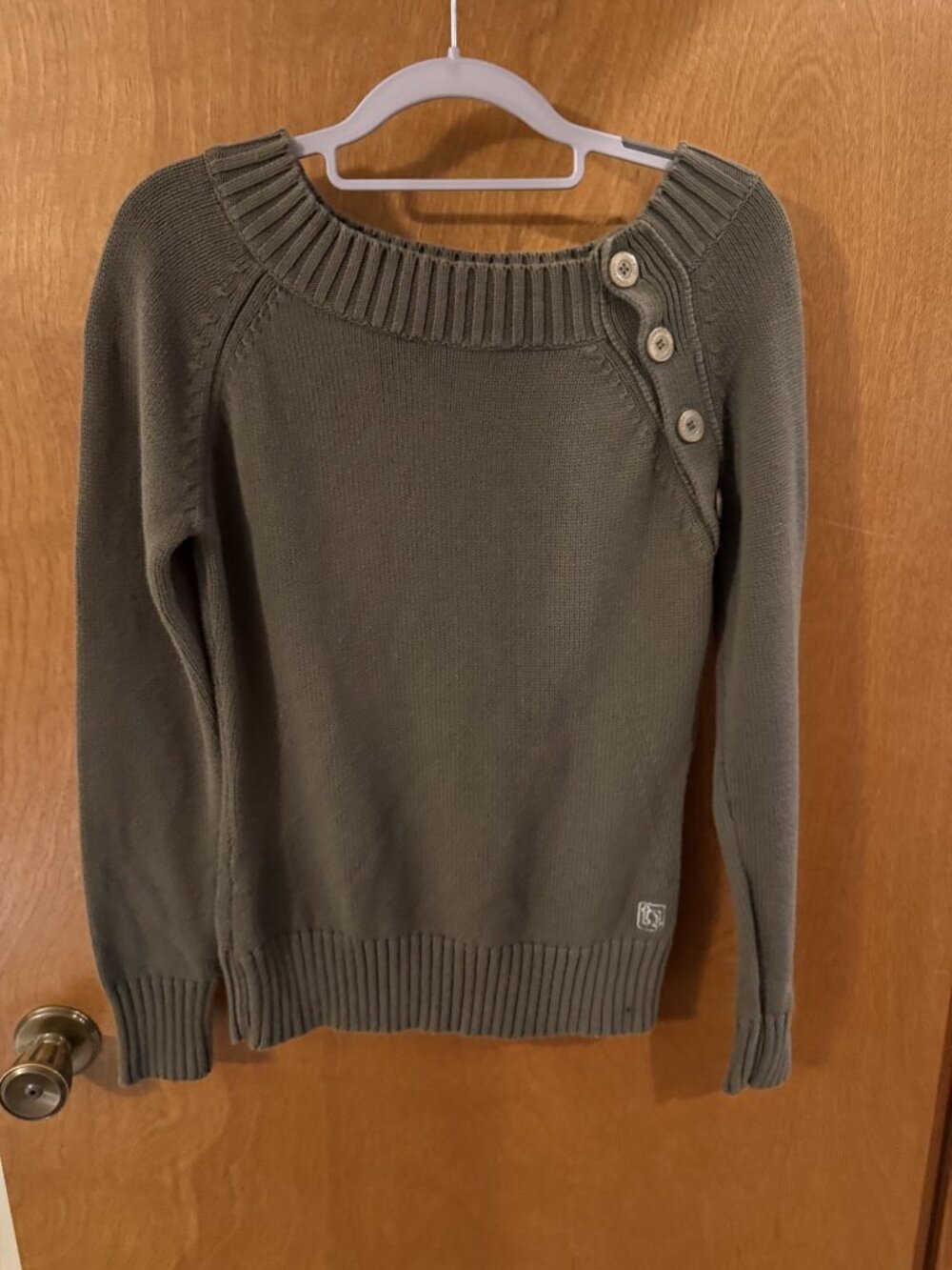Womens VTG Tintoretto Size Medium Pullover Sweater Olive Green Boat Neck Buttons